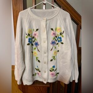 Unique Vintage Floral Embroidered White Cardigan Sweater, Women’s XL